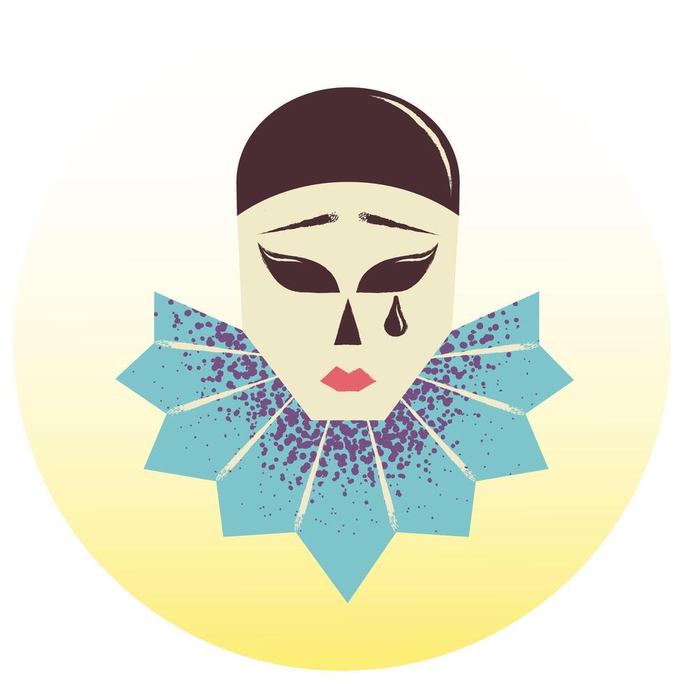 Face of a sad clown. Mask of a pierrot - a dramatic, weeping hero of fairy tales and a theater character. Flat vector illustration.