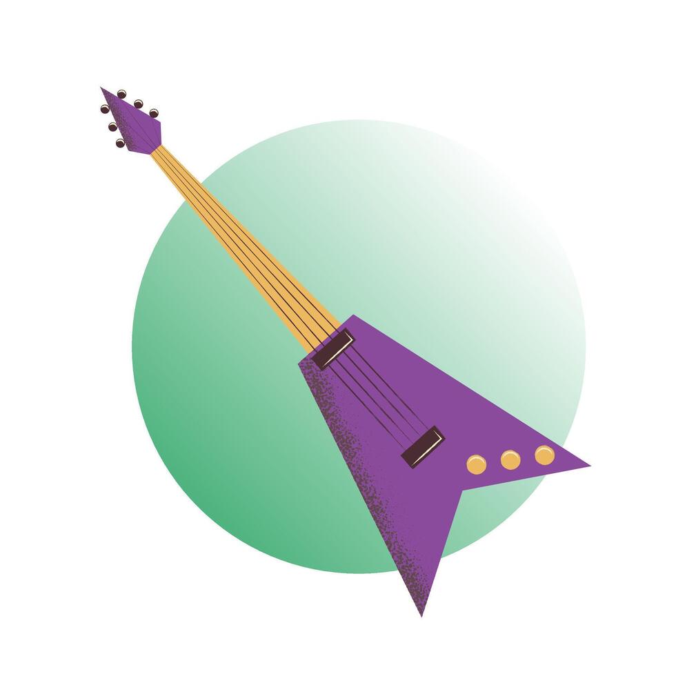 Purple colored electronic guitar with four strings. Flat vector illustration.