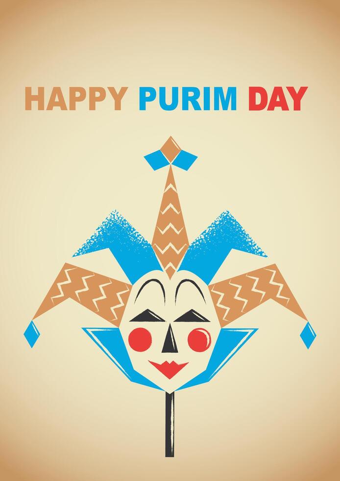 Vintage Happy Purim poster with mask of cheerful harlequin on the background of old paper. Flat vector illustration.