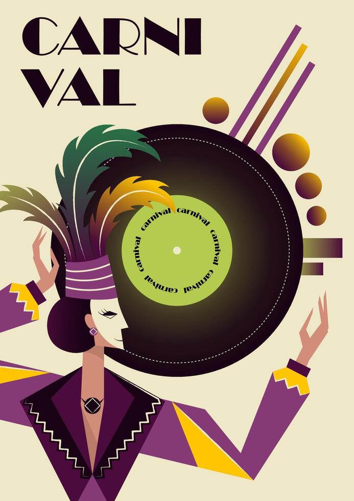 Abstract retro poster with carnival queen. Masquerade card with costumed character. Theater poster. Flat vector illustration.