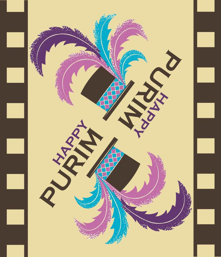 Vintage poster on old movie film. Israeli traditional holiday Purim. Flat vector illustration.