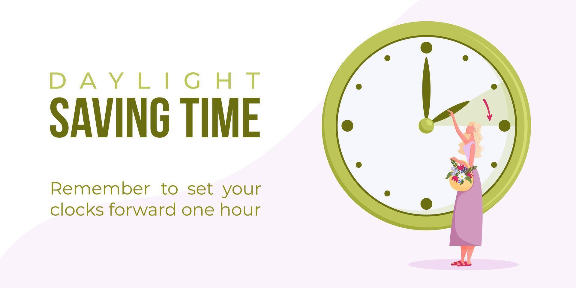 Daylight saving time begins. Spring forward banner, poster. Vector illustration with woman turning clock hour ahead, woman with flowers in bag.
