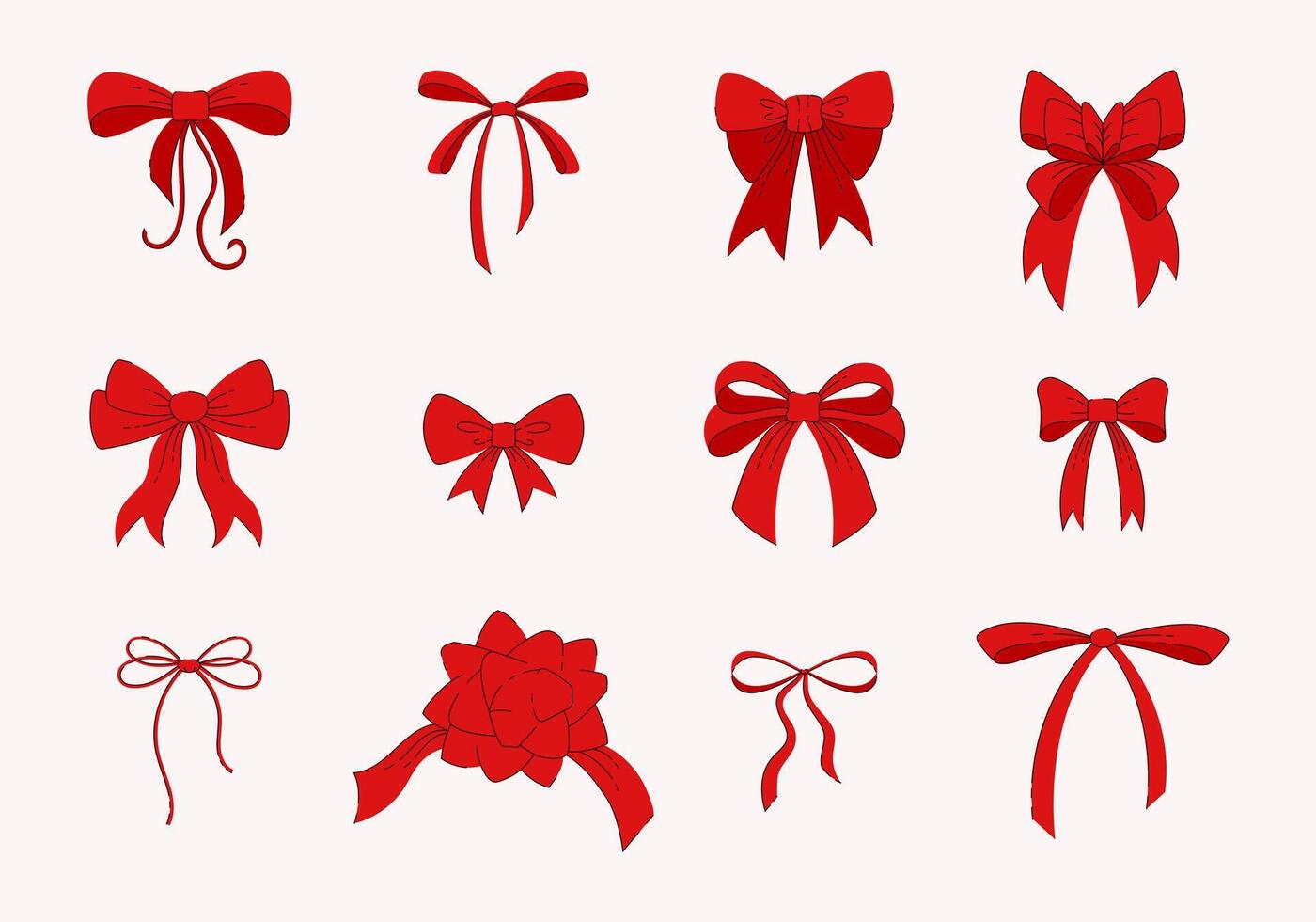 Set of hand drawn red ribbon bows. Various bowknots for present decoration. Flat style vector illustration.