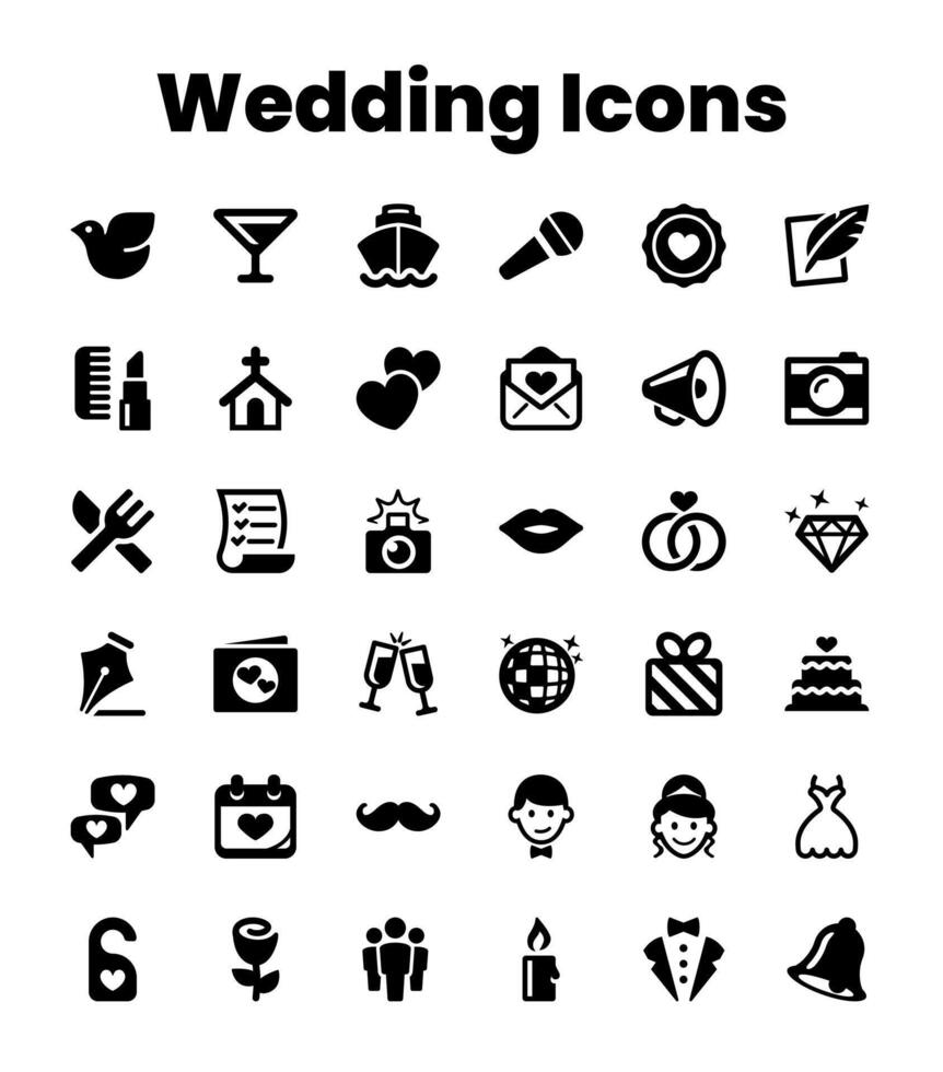 Set Black Solid Wedding Icons vector