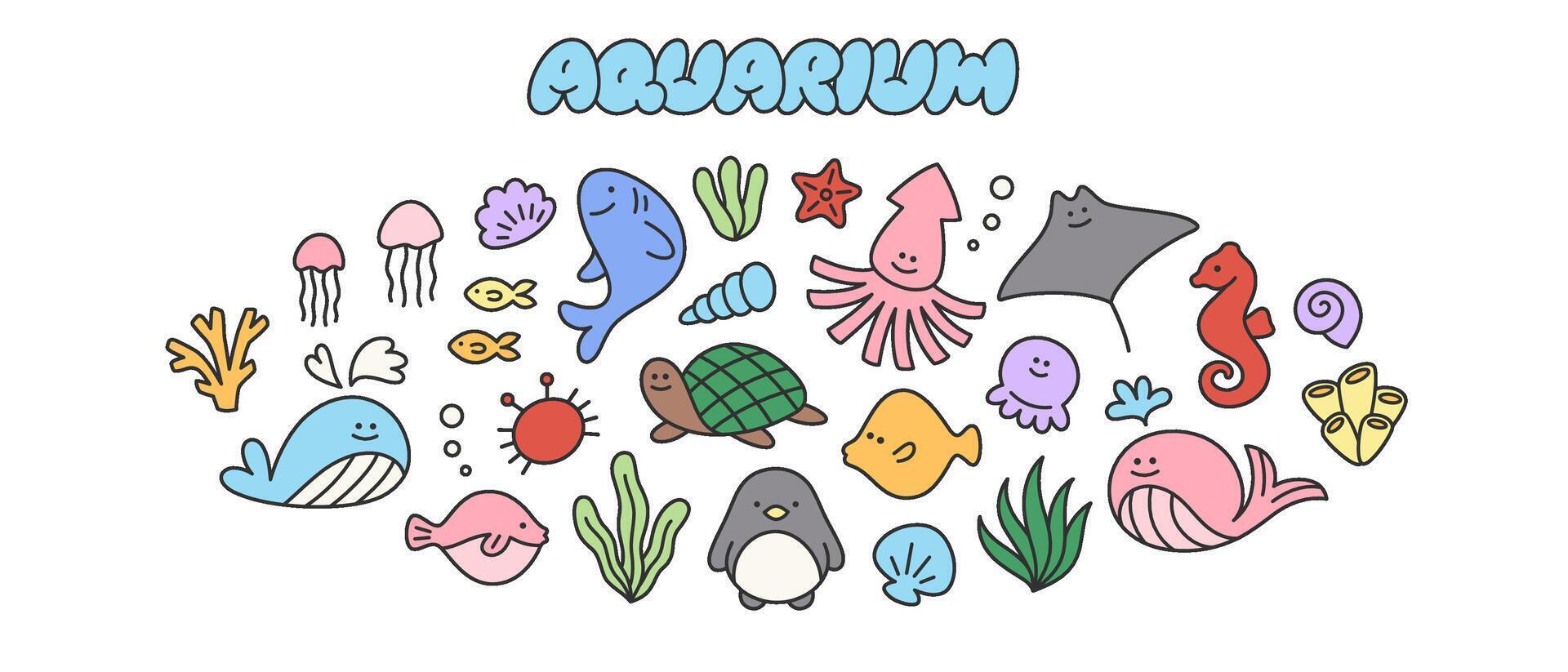 Aquarium set of kid cute doodle icons. Hand drawn sea elements of shark, whale, turtle, fish, seashell, medusa, starfish, octopus. Childish simple characters for patterns, banners, backgrounds vector