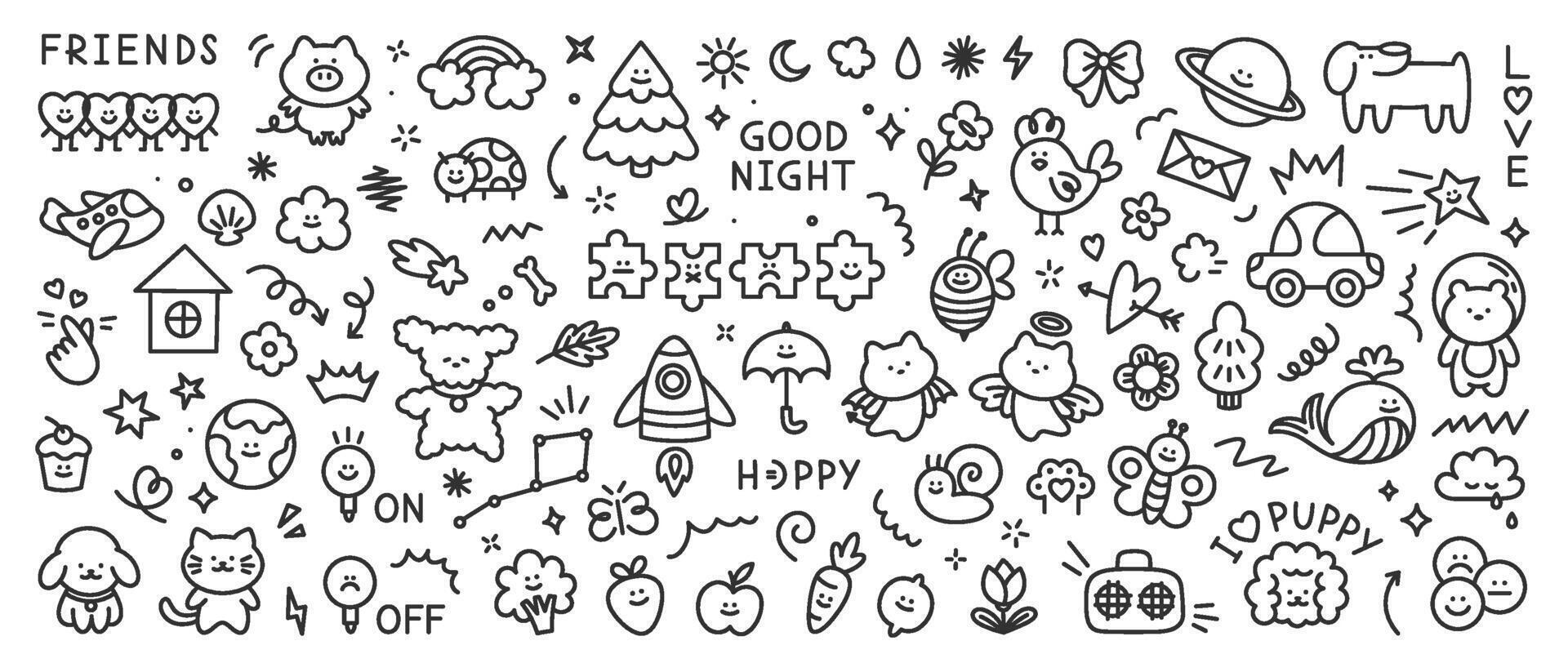 Cute hand drawn kid doodle icons set. Scribble set of sun, flower, smile, heart, animal, cloud, star, rainbow, fruit, tree. Vector trendy sketch childish elements for stickers, patterns, banners