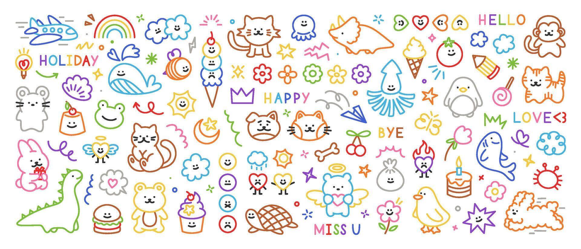 Colorful cute kid doodle icons set. Hand drawn scribble set of sun, flower, smile, heart, animal, cloud, rainbow, dinosaur. Trendy sketch vector childish elements for stickers, patterns, banners.