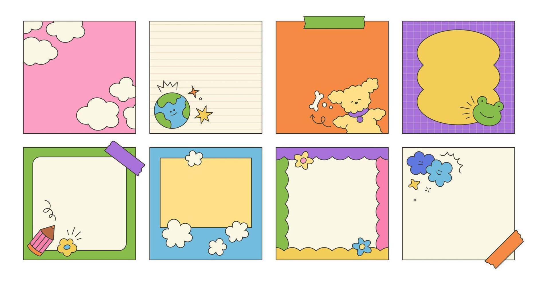 Kid cute notebook sheets with childish elements. Simple scribble vector elements of social media post with dog, planet, star, pencil, cloud, flower, frame, arrow, stroke. Frame or post template