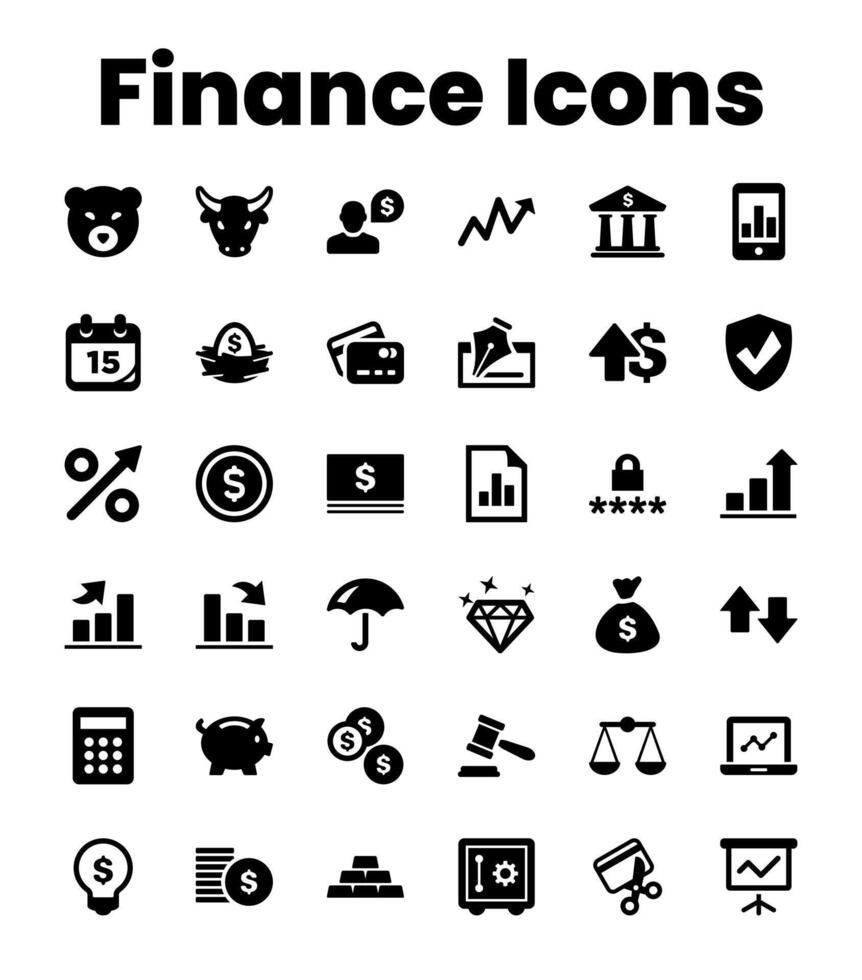 Set Black Solid Finance Icons vector