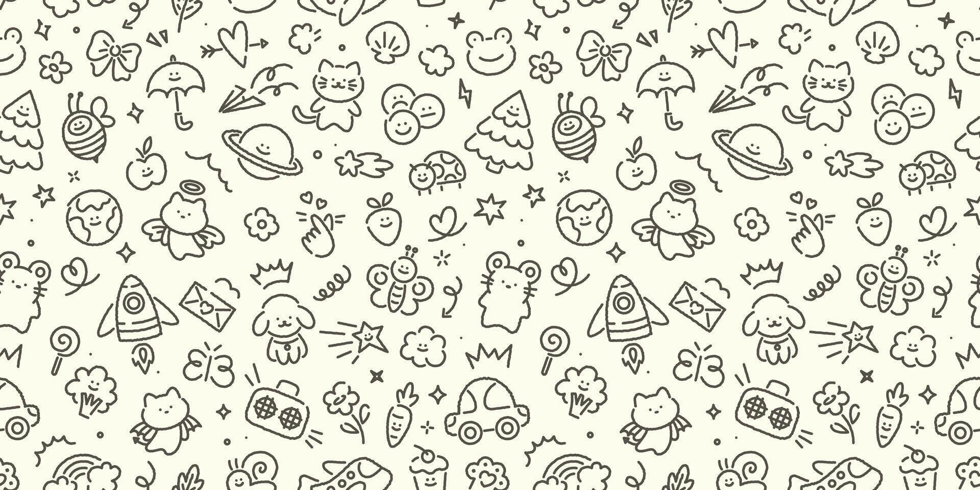 Seamless hand drawn kid doodle pattern. Cute scribble set of sun, flower, smile, heart, animal, cloud, star, rainbow, fruit. Vector trendy sketch childish elements for stickers, patterns, banners