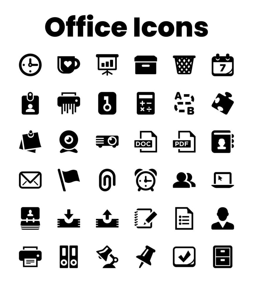 Set Black Solid Office Icons vector