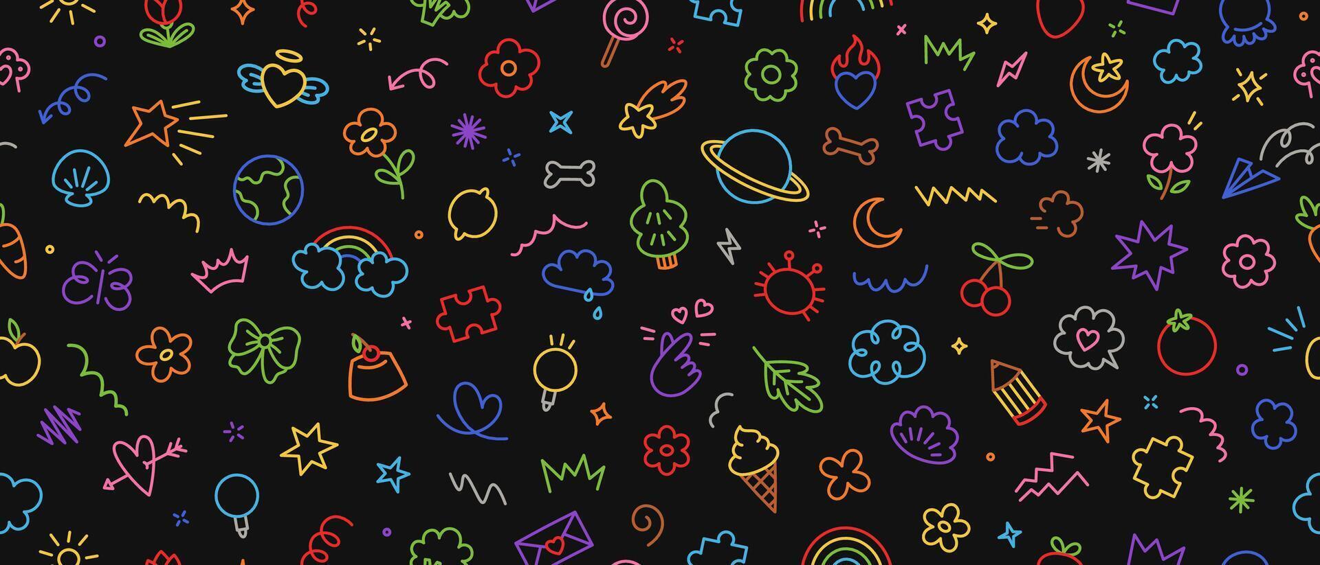 Seamless cute children pattern. Hand drawn kid scribble set of sweet, flower, earth, heart, pencil, cloud, star, rainbow, tree, bow, fruit, arrow, swirl. Trendy vector sketch childish elements