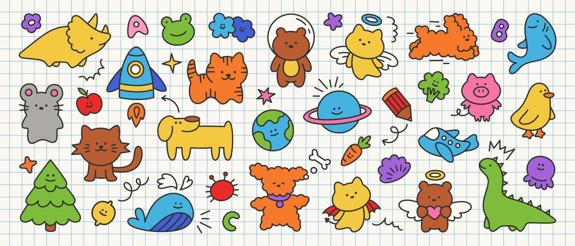 Cute kid icons collection of planet, dinosaur, animal, fruit, star, whale, cloud, letter. Trendy childish doodle set on notebook sheet. Simple scribble vector elements for banner, pattern or sticker.