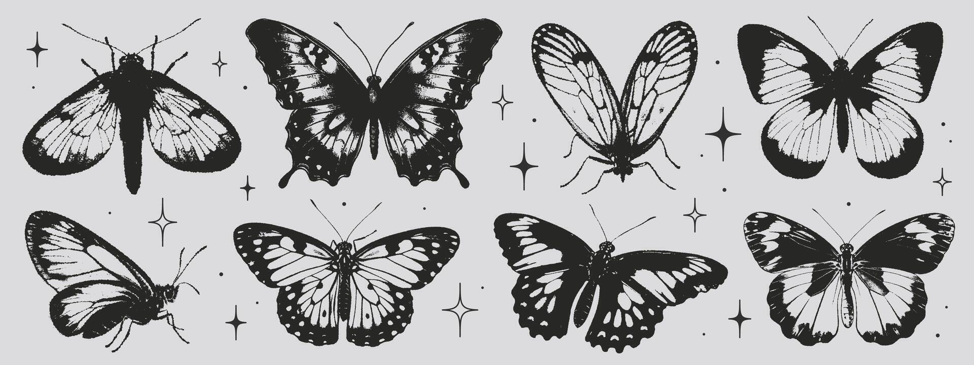 Butterflies of black wings in the style of grunge stamp and organic shapes. Y2k aesthetic, tattoo silhouette, hand drawn stickers. Vector graphic in trendy retro 2000s style. Grain texture butterfly