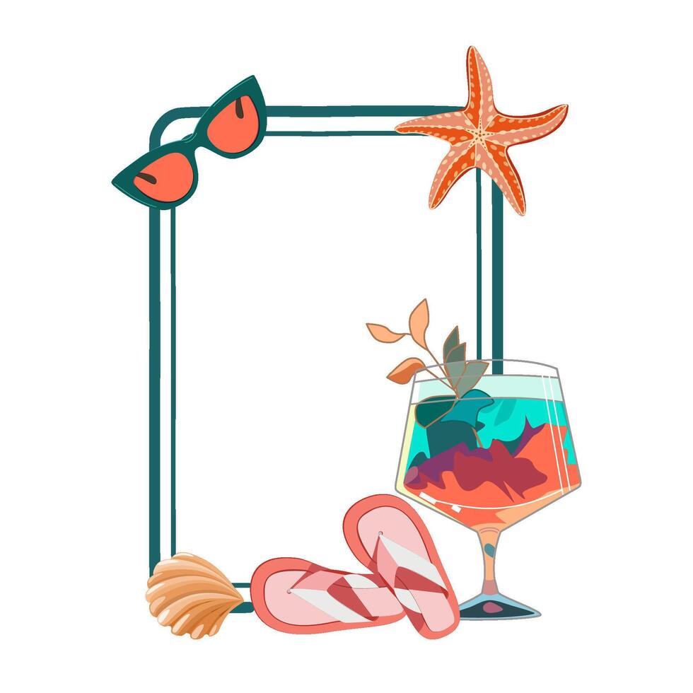 Summer frame with cocktail, flip flops and starfish with seashell vector