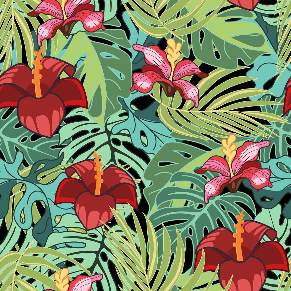 Tropical rainforest seamless pattern with exotic flowers and leaves vector