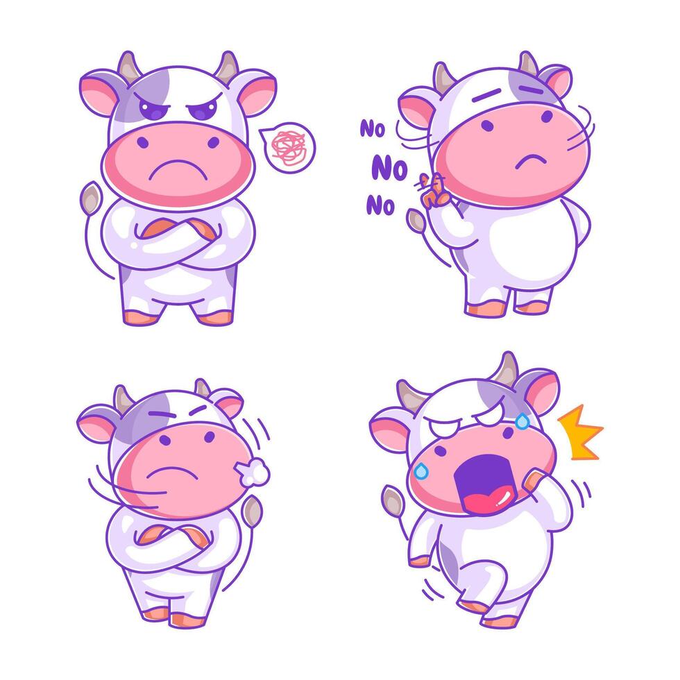 Cow feeling angry cartoon style set vector