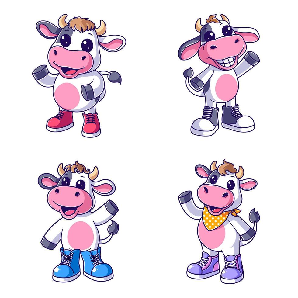 Cute cow wearing shoes set vector