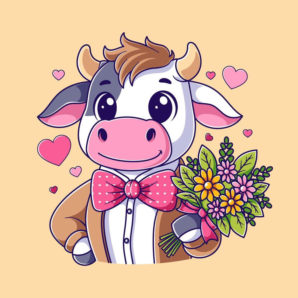 Handsome cow wearing a suit and carrying a bunch of flowers vector