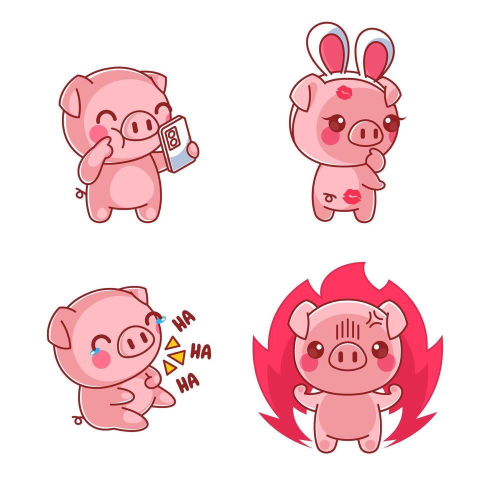 Angry cute pig in cartoon style set vector