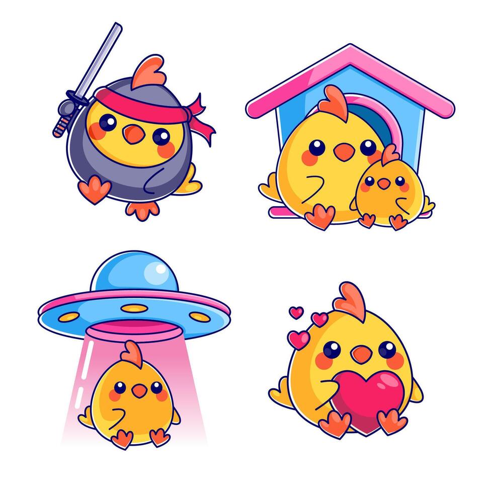 Chicks carried by UFO, cartoon style set vector