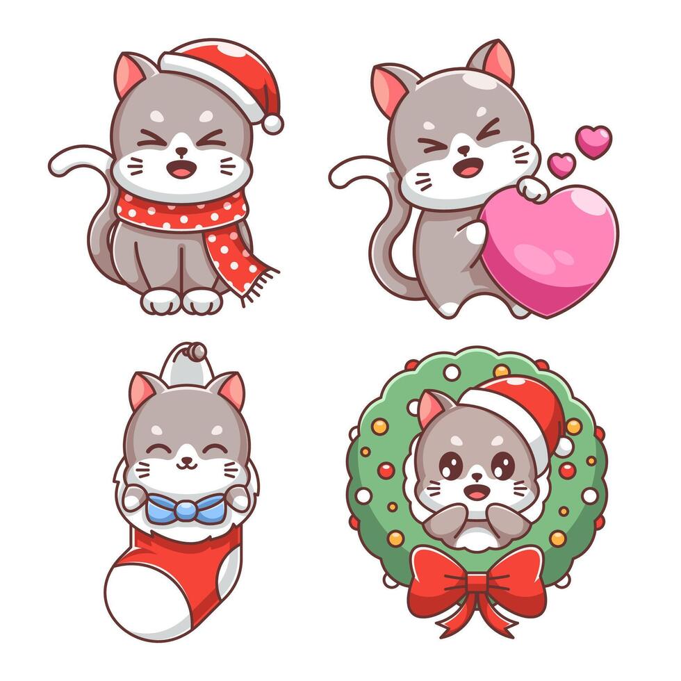 linda gato celebrando Navidad, dibujos animados estilo conjunto vector