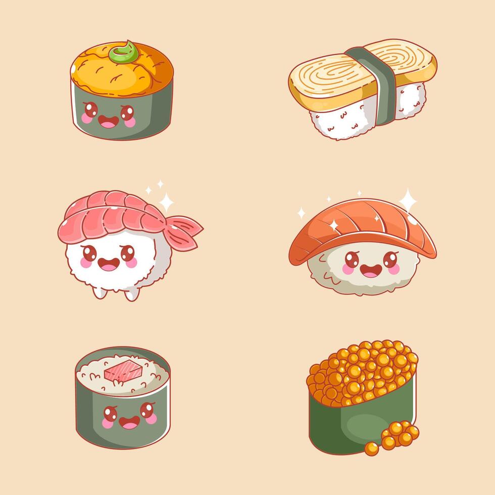 Cute sushi cartoon style set vector