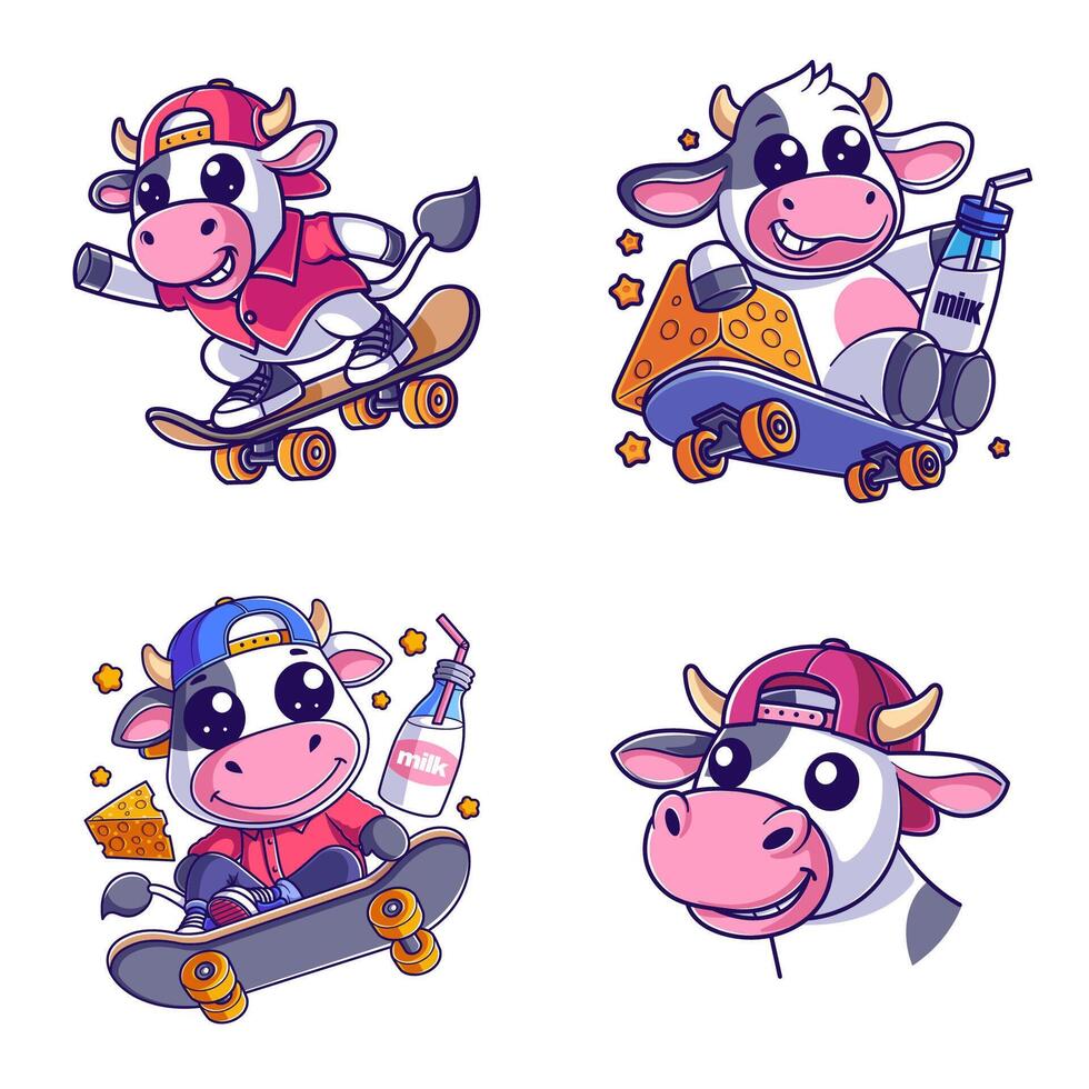 Cute cow wearing a hat and playing skateboard set vector