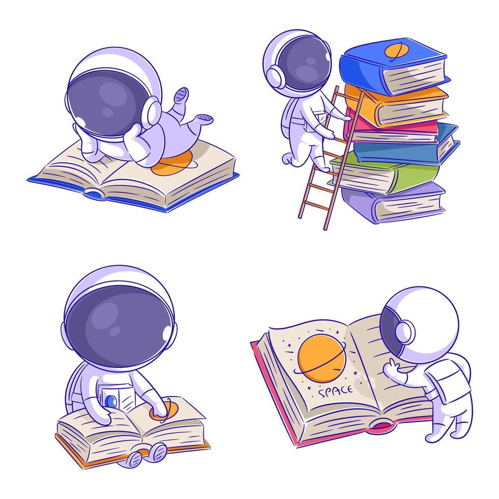 Cute astronaut reading a book, cartoon style set vector