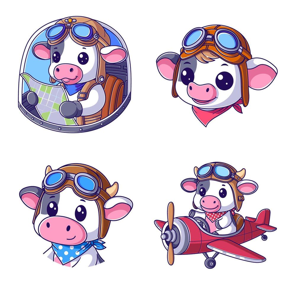 Cute cow airplane pilot hat set vector