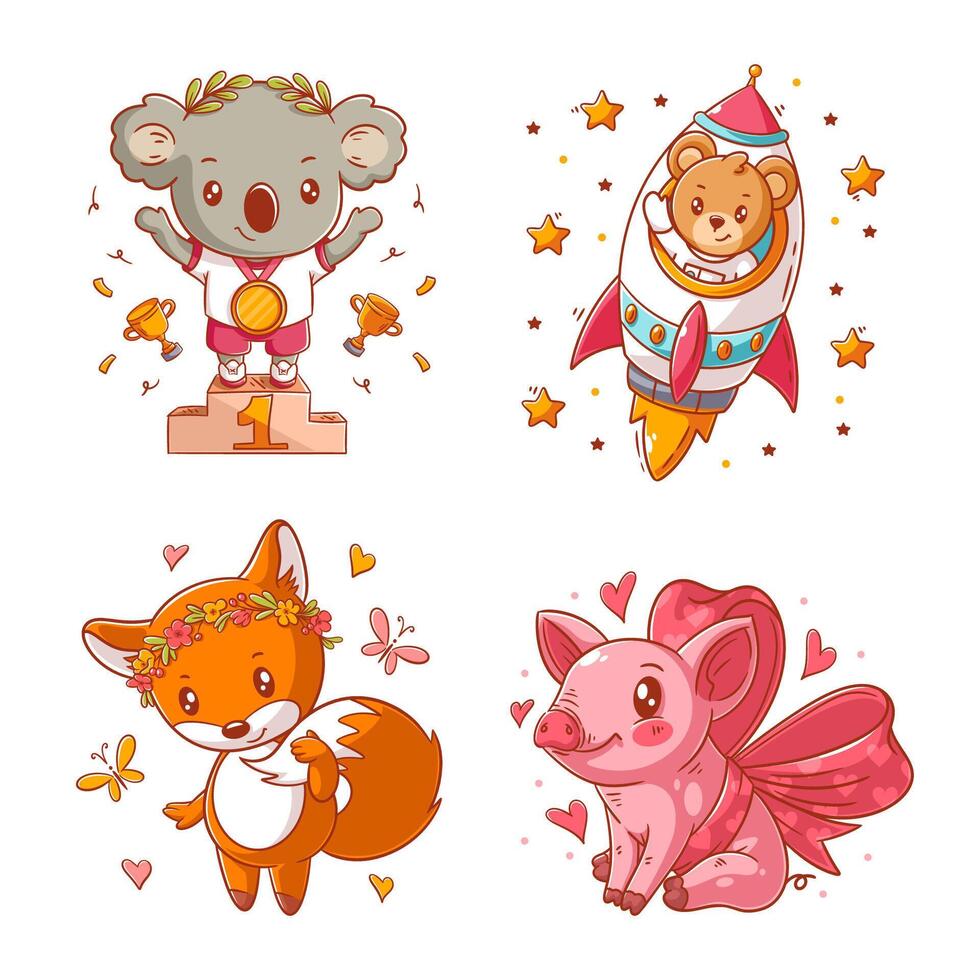 Cute animals koala, pig, bear and fox, cartoon style set vector