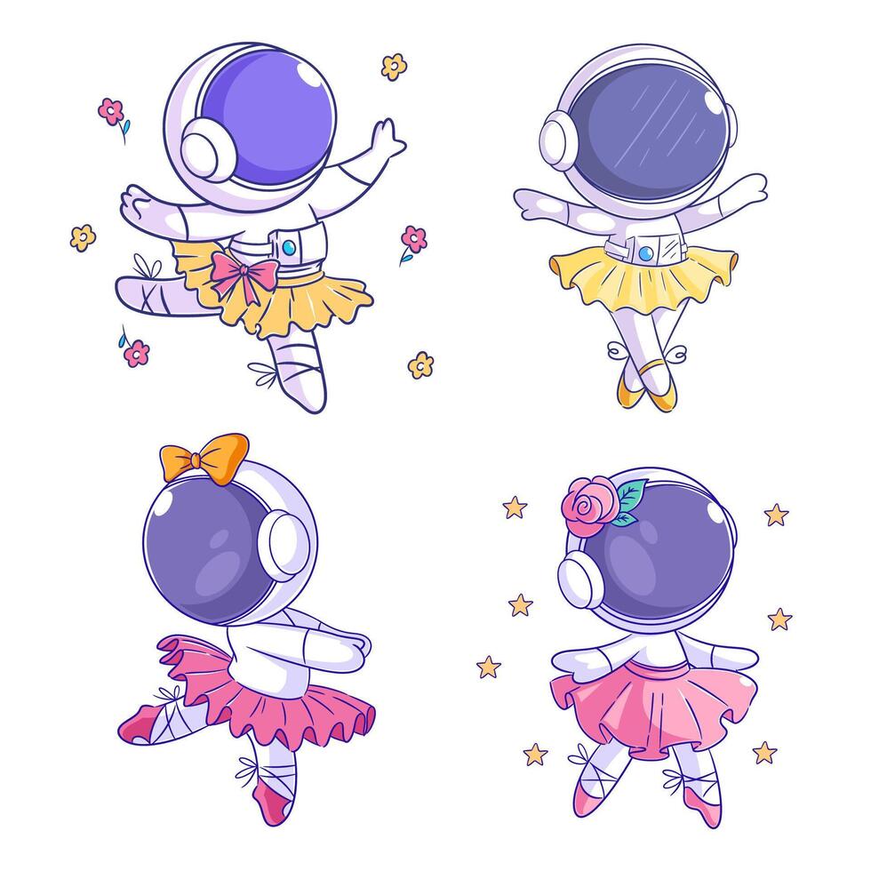 Cute astronaut dancing ballet cartoon style set vector