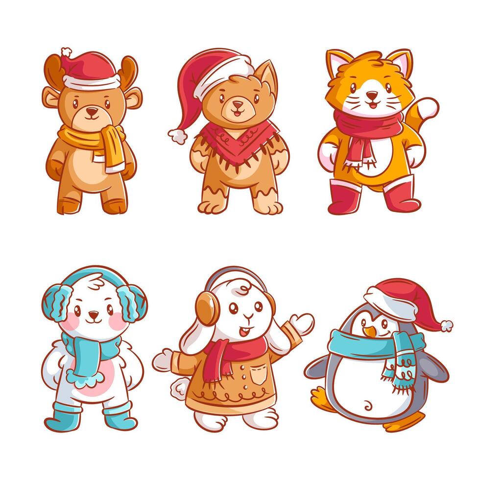 Cute animal wearing a neck warmer, cartoon style set vector