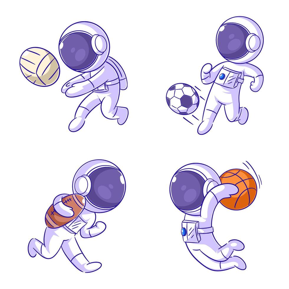 Cute astronaut playing ball, cartoon style set vector