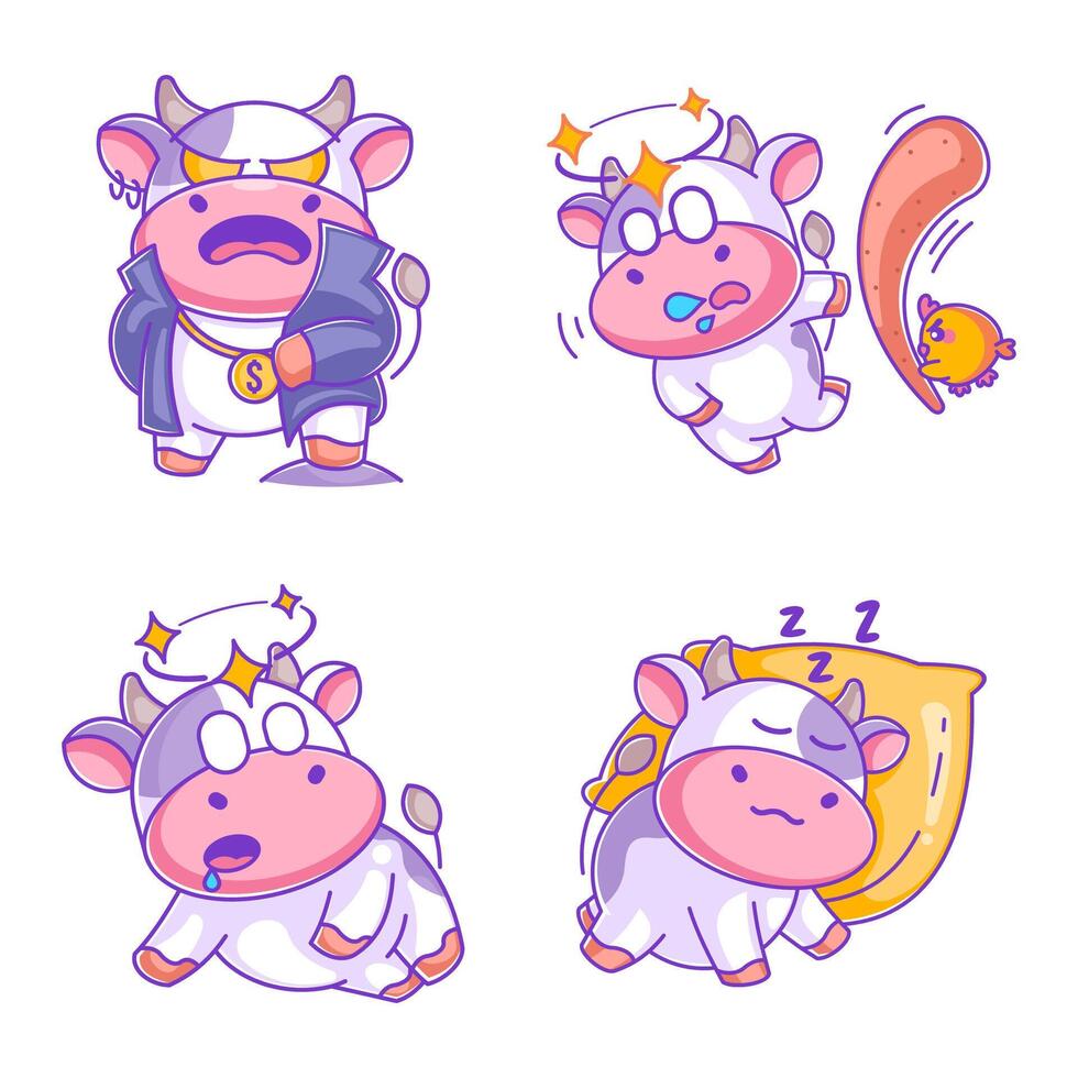 Cow feeling dizzy in cartoon style set vector