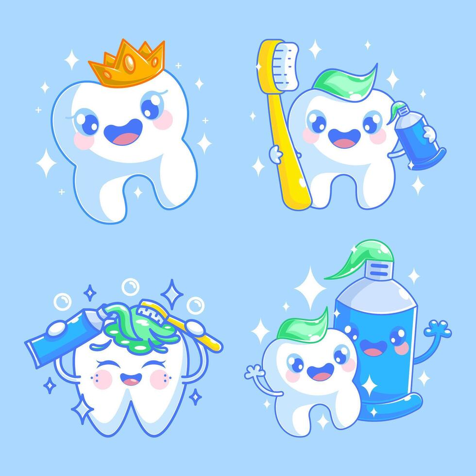 Cute teeth cartoon style set vector