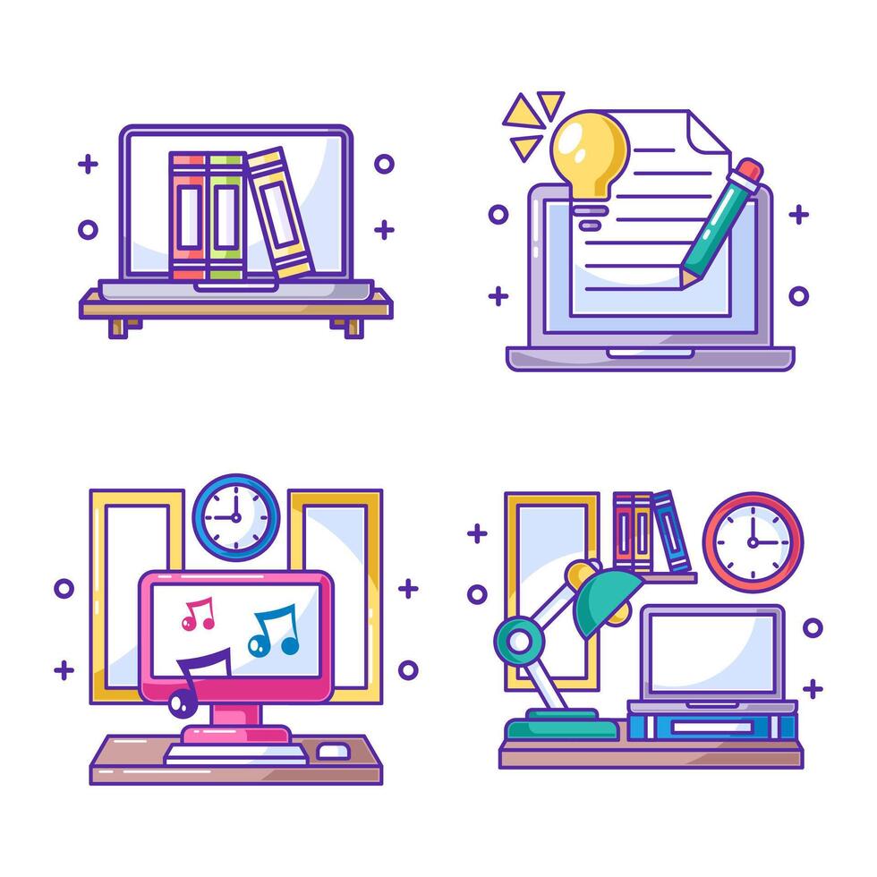 Cartoon style work desk set vector