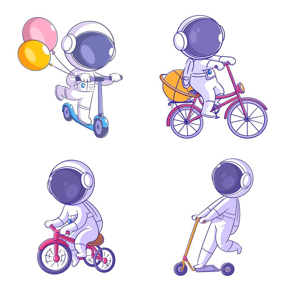 Cute astronaut playing bicycle, cartoon style set vector