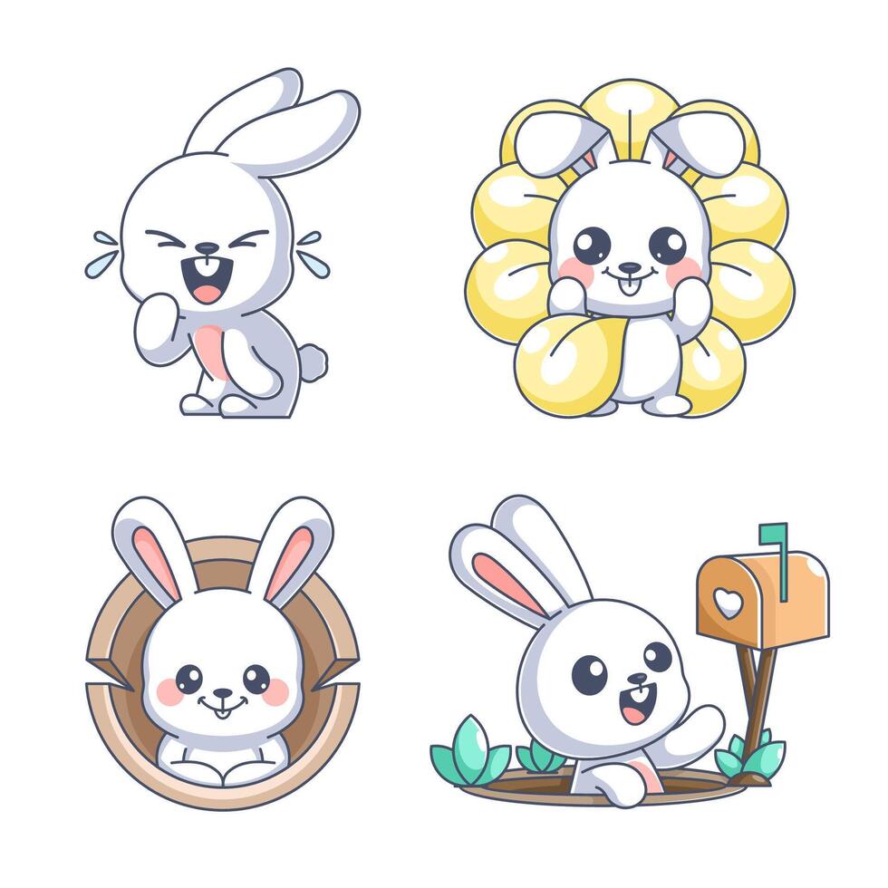 Cute rabbits playing in the garden, cartoon style set vector