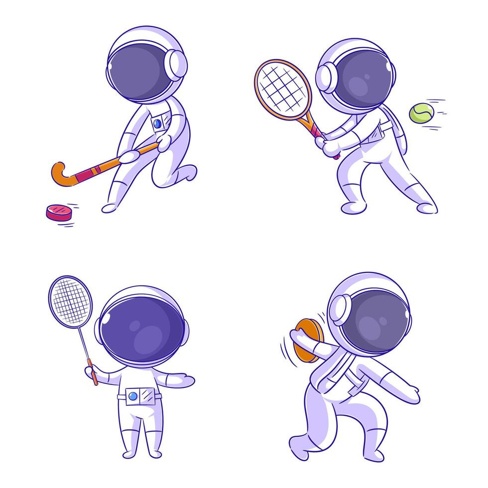 linda astronauta jugando Deportes juego, dibujos animados estilo conjunto vector