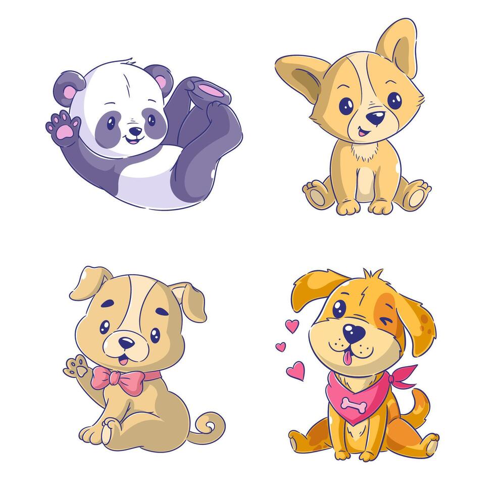linda panda y perro dibujos animados estilo conjunto vector