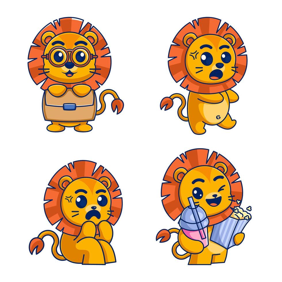 Cute lion working and eating cartoon style set vector