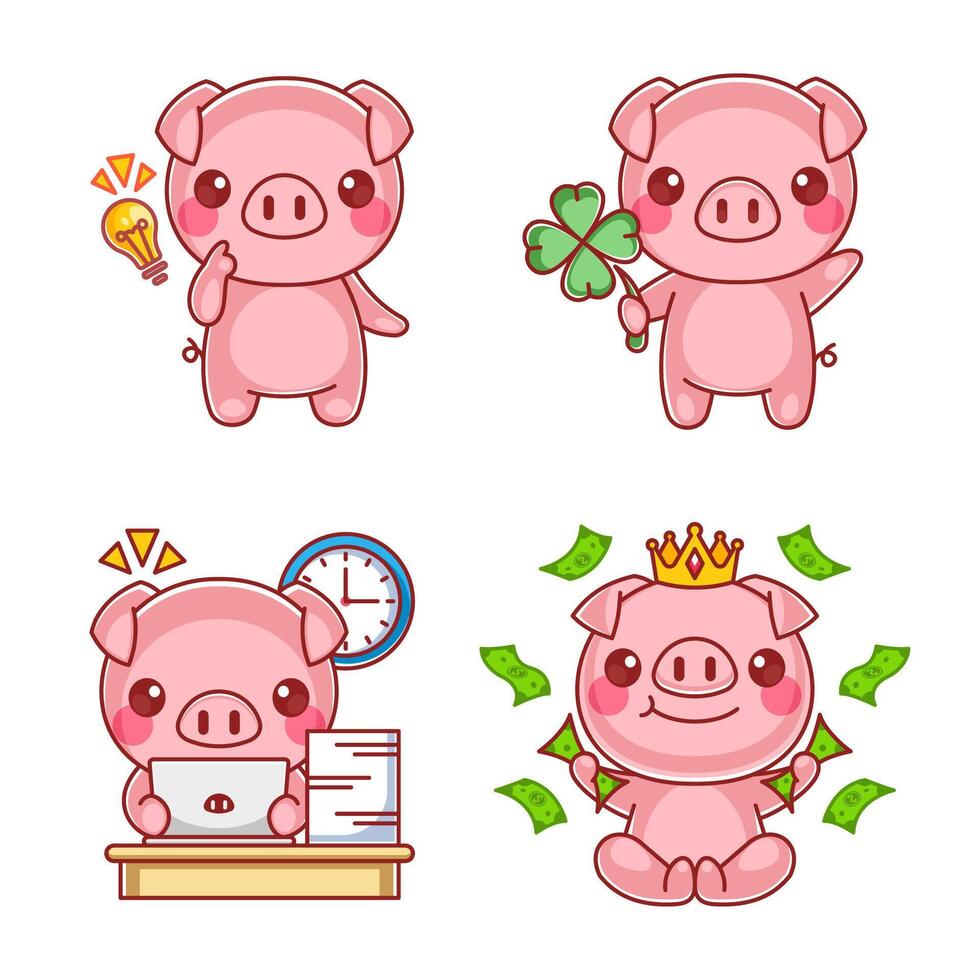 Cute pigs working cartoon style set vector