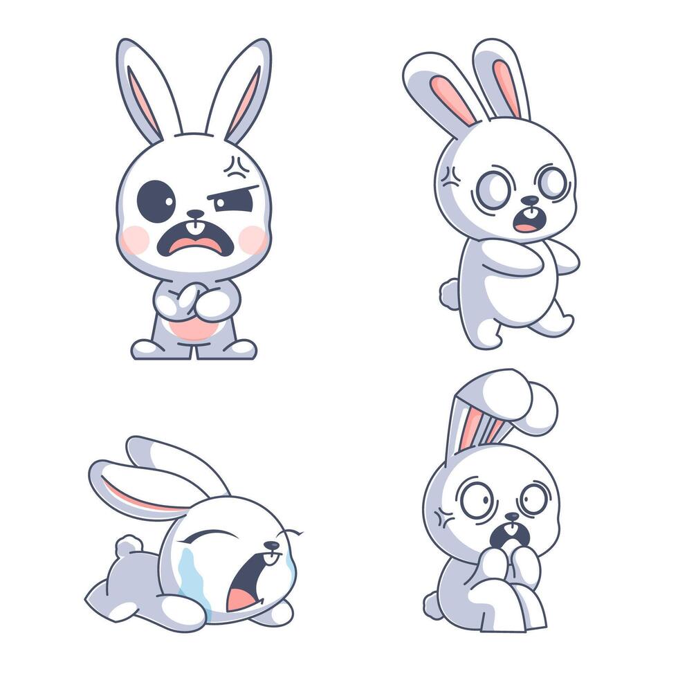 Cute sad rabbit, cartoon style set vector