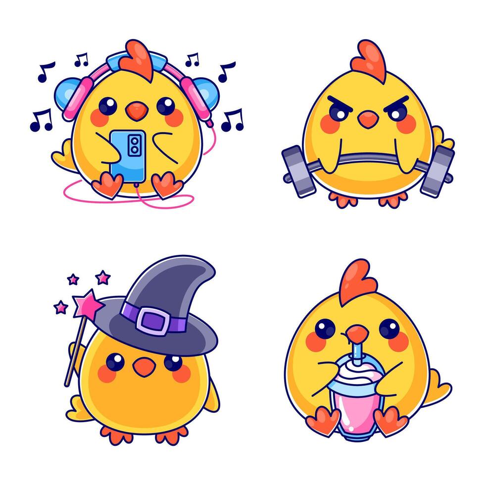 Chicks do some activities, cartoon style set vector