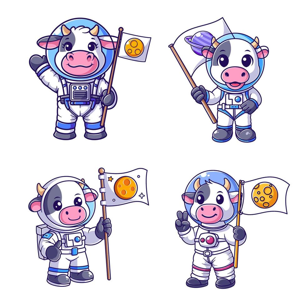 Cute cow dressed as an astronaut and carrying a flag set vector