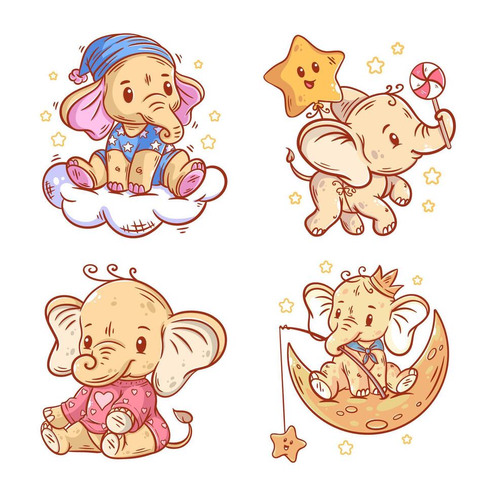 Cute elephant is sitting, cartoon style set vector