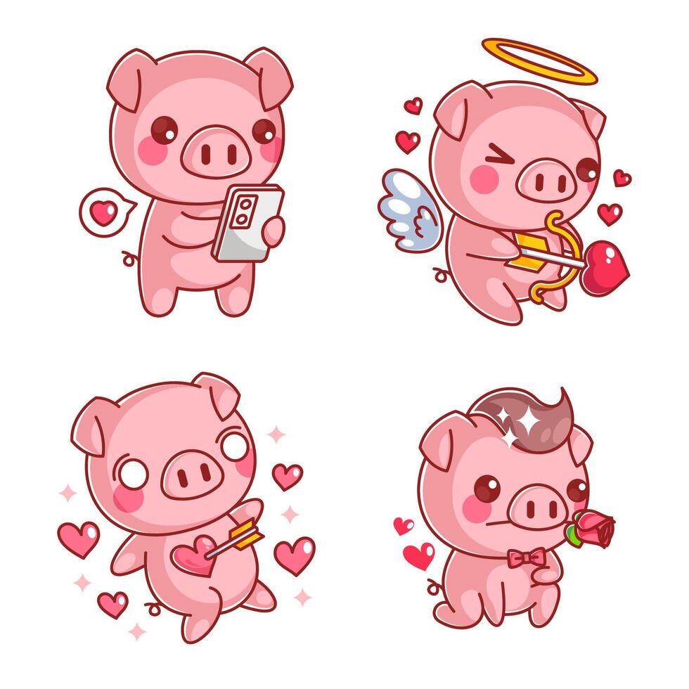 Cute pig with love in cartoon style set vector