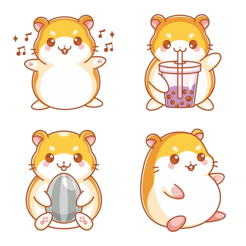 Cute hamster eating cartoon style set vector