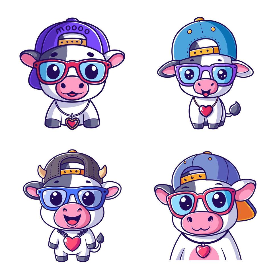 Cute cow wearing a hat set vector